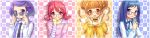  4girls aida_mana bespectacled blue_eyes blue_hair brown_eyes brown_hair checkered checkered_background choker clubs diamond_(shape) dokidoki!_precure double_bun dress_shirt flipped_hair glasses half_updo heart heart-shaped_glasses highres hishikawa_rikka kenzaki_makoto long_hair long_image multiple_girls necktie pink_eyes pink_hair precure purple_hair red-framed_glasses shirt short_hair short_twintails silver15 smile spade striped striped_shirt twintails vest violet_eyes white-framed_glasses wide_image yotsuba_alice 