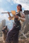  1girl bandana belt bird black_vest blue_sky cutlass dog frilled_shirt frills gwent_(game) highres holding holding_paper holding_shovel jewelry long_hair non-web_source orange_hair outdoors pants paper purple_pants ring seagull shirt shovel sky sword tattoo the_witcher_(series) vest weapon white_shirt 