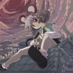  &gt;_&lt; 1girl animal_ears bag basket capelet closed_eyes clouds dress eating female food grey_dress grey_hair highres long_sleeves looking_at_viewer mouse mouse_ears mouse_tail nazrin night red_eyes rooftop shirt shope sitting sky smirk star_(sky) tail touhou tree 