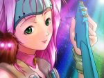  +_+ 90s alien bass_guitar choker firopito green_eyes guvava headgear instrument lips macross macross_7 mylene_jenius pet pink_hair science_fiction star_(sky) 