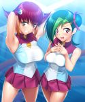  2girls armpits arms_up breasts brown_eyes green_hair hair_ribbon highres kouzuki_anna large_breasts miniskirt mizuki_kotori_(yuu-gi-ou_zexal) multicolored_hair multiple_girls open_mouth redhead ribbon school_uniform short_hair skirt suzume_inui sweatdrop thighs two-tone_hair yellow_eyes yu-gi-oh! yuu-gi-ou_zexal 