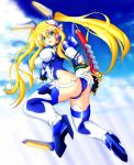  1girl ass blonde_hair bodysuit breasts clouds colored flying glowing green_eyes high_heels kiryu_(1003) long_hair looking_at_viewer mecha_musume sky smile solo sword thigh-highs weapon 