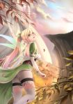  1girl ass blonde_hair clouds crotch flying from_below green_eyes hair_ornament happy highres lander leafa long_hair looking_at_viewer looking_back nature open_mouth outdoors pointy_ears ponytail sky smile solo sword_art_online thigh-highs white_legwear wings 