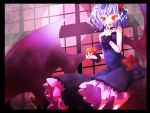  1girl alternate_costume bat_wings blue_hair bow dress female hair_ornament myaaco red_eyes remilia_scarlet short_hair solo touhou window wings 