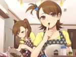  2girls apron bowl brown_eyes brown_hair chocolate finger_to_mouth flipped_hair futami_ami futami_mami hair_ornament heart heart_hair_ornament heart_print hitoto idolmaster long_hair md5_mismatch mixing_bowl multiple_girls short_hair siblings side_ponytail sisters skull squiggle sweat symbol-shaped_pupils tasting twins whisk 