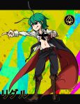  1girl :p antennae belt bifrst boots breasts cape female green_hair highres midriff navel pants parody pointing red_eyes solo style_parody tongue tongue_out touhou under_boob wriggle_nightbug 