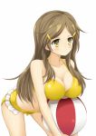  1girl aixioo bad_id ball beachball bikini breasts brown_hair cleavage hair_ornament hairclip highres large_breasts shinomiya_himawari solo swimsuit vividred_operation yellow_bikini yellow_eyes 