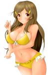  1girl :o bikini blush breasts brown_eyes brown_hair highres large_breasts long_hair looking_at_viewer mato9778 navel shinomiya_himawari shiny shiny_skin solo strap_gap swimsuit vividred_operation 