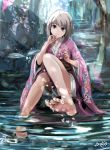  1girl absurdres ahoge barefoot blush brown_hair doraragi dragonfly feet feet_in_water highres insect japanese_clothes kimono legs nature original short_hair sitting smile soaking_feet soles solo toes violet_eyes water wet white_hair 