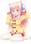  1girl :d animal_ears barefoot blush borrowed_character breasts cat_ears cat_tail fang feet meito_(maze) open_mouth original paw_pose pink_hair shia_flatpaddy sitting smile solo tail upper_body wariza yellow_eyes 