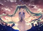  1girl ahoge clouds copyright_name dress green_eyes green_hair hatsune_miku long_hair robinexile sky solo twintails very_long_hair vocaloid 