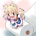  1girl animal_ears blonde_hair blush cat_ears cat_tail chibi fang female gradient gradient_background hoshizuki_(seigetsu) long_sleeves mizuhashi_parsee open_mouth puru-see short_hair solo tail toilet_paper touhou trembling vest |_| 