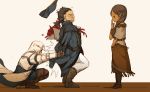  1girl 2boys assassin&#039;s_creed assassin&#039;s_creed_(series) assassin&#039;s_creed_iii bouquet brown_hair cape coat connor_kenway family father_and_son flower fringe gloves hat haytham_kenway hood kanchou kanieht&iacute;:io kaniehti:io long_hair mother_and_son multiple_boys sunny_(mnbvjkuy) time_paradox tricorne 
