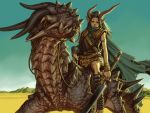  1girl cape cavalry desert dragon fantasy horns kino13_(xaviniesta) pixiv_fantasia pixiv_fantasia_5 pointy_ears riding sword weapon 