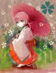  1boy bad_id green_eyes hakama highres inazuma_eleven_(series) inazuma_eleven_go japanese_clothes kirino_ranmaru ku-gu male_focus oriental_umbrella pink_hair sandals smile solo squatting umbrella 