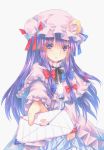  1girl bow crescent female hair_bow hat heart highres letter long_hair looking_at_viewer love_letter north_abyssor patchouli_knowledge purple_hair simple_background solo touhou violet_eyes 