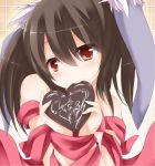  1girl bare_shoulders black_hair bound chro heart mouth_hold original red_eyes ribbon smile solo tied_up 