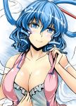  1girl blue_eyes blue_hair blush breasts cleavage dress dress_pull female hair_ornament hair_rings hair_stick kaku_seiga large_breasts looking_at_viewer pov pulled_by_self short_hair smile solo touhou undressing y2 