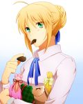  1girl ahoge blonde_hair candy chocolate fate/stay_night fate_(series) gift green_eyes hair_ribbon ribbon saber solo sowa sweets 
