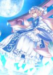  1girl blonde_hair dress female flying fox_tail full_moon hat hat_with_ears long_sleeves looking_at_viewer moon multiple_tails night open_mouth sky solo tabard tail tamahana torii touhou white_dress wide_sleeves yakumo_ran yellow_eyes 