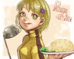  1girl blonde_hair bruce_lee&#039;s_jumpsuit flower food food_on_face fried_rice green_eyes hair_flower hair_ornament hairclip huang_baoling ladle licking_lips m-929 short_hair solo tiger_&amp;_bunny tongue tongue_out 