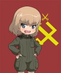  1girl bangs blonde_hair blue_eyes chocolate chocolate_stain emblem fang food food_on_face girls_und_panzer hands_on_hips katyusha looking_at_viewer military military_uniform monputi1 red_background short_hair short_jumpsuit smile solo stain uniform 