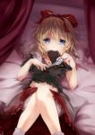  1girl blonde_hair bloomers blue_eyes bow chocolate chocolate_bar dqn_(dqnww) eating female frilled_pillow frills hair_bow highres lying medicine_melancholy midriff on_back on_bed pillow short_hair skirt solo touhou underwear 