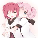  2girls ^_^ akaza_akari blue_eyes closed_eyes double_bun hair_bobbles hair_ornament hug hug_from_behind kumakichi_(toshigat) multiple_girls one_eye_closed open_mouth pink_hair school_uniform short_hair smile twintails wink yoshikawa_chinatsu yuru_yuri 