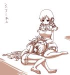  2girls bad_id barefoot bow casual drill_hair ekusiregaia hair_bow lap_pillow long_hair lying mahou_shoujo_madoka_magica monochrome multiple_girls on_side pantyhose ponytail sakura_kyouko school_uniform shorts sitting soles tomoe_mami twin_drills twintails 