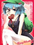  1girl backpack bad_id bag blue_eyes blue_hair breasts chocolate chocolate_heart female food_in_mouth hair_bobbles hair_ornament happy_valentine hat heart kawashiro_nitori key one-piece_swimsuit sayuma school_swimsuit short_hair sitting solo swimsuit thigh-highs touhou twintails valentine white_legwear 