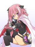  1boy armor braid cape fate/apocrypha fate_(series) garter_straps long_hair male_focus open_mouth rider_of_black shamanwer single_braid solo thigh-highs trap violet_eyes 