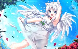  1girl ahoge animal_ears armpits bell bell_collar blue_eyes cat_ears collar dress flower hairband happy jingle_bell long_hair mitsuki original rose solo water white_hair white_rose wings yano_mitsuki 