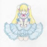  1girl alice-star blonde_hair breasts closed_eyes colored frills highres long_hair original smile solo traditional_media very_long_hair 