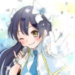  1girl ;) bad_id bow brown_eyes collared_shirt gloves hair_bow long_hair looking_at_viewer love_live!_school_idol_project mnmktn necktie one_eye_closed pinky_out pointing school_uniform shirt single_glove smile solo sonoda_umi white_gloves wink wristband 