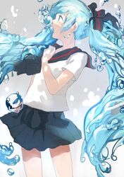  1girl bad_id blue_hair bottle_miku bubble daro_(645046276) floating_hair hatsune_miku liquid_hair long_hair open_mouth profile ran_(pixiv2957827) school_uniform serafuku skirt solo twintails very_long_hair vocaloid water 