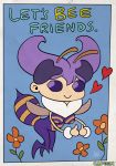  1girl antennae bee_girl capcom chibi extra_eyes insect_girl monster_girl official_art pun purple_hair q-bee short_hair smile solo stanley_lau thumbs_up valentine vampire_(game) violet_eyes wings 