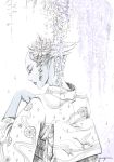  1girl alien asari blue_skin closed_eyes eyelashes flower hair_flower hair_ornament japanese_clothes kimono liara_t&#039;soni mass_effect monochrome obi parted_lips sash signature snowlily 