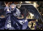  1girl \m/ black_wings cross dragon dress feathers flower frills gothic_lolita hairband inverted_cross letterboxed lolita_fashion long_hair open_mouth red_eyes rose rozen_maiden sharp_teeth smile solo suigintou sword teeth ultimate_asuka weapon white_hair wings 