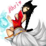  1girl ahri animal_ears braid character_name facial_mark fox_ears fox_tail heart highres kumiko_(aleron) kumiko_shiba league_of_legends looking_at_viewer solo tail whisker_markings yellow_eyes 