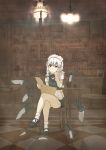  1girl chair chandelier checkered checkered_floor coffee_maker_(object) cup cupboard female floor head_rest headdress highres interior izayoi_sakuya kitchen knife legs_crossed loaded_interior maid plant potted_plant samidare sitting solo table touhou wine_glass 
