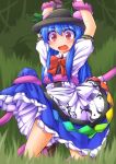 1girl blue_hair blush bow female fun_bo hat hinanawi_tenshi long_hair long_skirt nagae_iku open_mouth red_eyes restrained skirt skirt_hold solo tentacle tentacles touhou