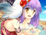  1girl beach bird blush breasts cleavage fang female flower girl_m hair_flower hair_ornament happy hibiscus long_hair open_mouth original purple_hair seagull seashell shell skirt sky solo souji_hougu water yellow_eyes 