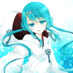  1girl aoi_(kiyokiyoaomushi) aqua_eyes aqua_hair colored_eyelashes hair_ornament hatsune_miku highres japanese_clothes kimono long_hair open_mouth snowflakes solo twintails uchikake vocaloid yuki_miku 