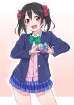  1girl :d black_hair blazer blush bow cardigan gift hair_bow heart jacket komase_(jkp423) looking_at_viewer love_live!_school_idol_project open_clothes open_jacket open_mouth red_eyes school_uniform short_hair skirt smile solo twintails yazawa_nico 