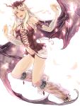  1girl bare_shoulders bat_wings blush breasts butterfly castlevania castlevania:_lament_of_innocence demon_girl lace leg_warmers open_mouth pointy_ears red_eyes salt_(reincarnation) silver_hair solo succubus succubus_(castlevania) tattoo tiara wings 