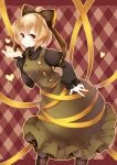  1girl black_legwear blonde_hair blush bow dress female hair_bow heart highres kurodani_yamame looking_at_viewer pantyhose ponytail smile solo touhou yellow_eyes yutazou 