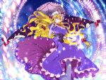  1girl blonde_hair breasts choker corset danmaku dress energy energy_ball eyes female gap gloves glowing glowing_eyes hands hat hat_ribbon kurono_yuu large_breasts long_hair mob_cap pantyhose parted_lips ribbon ribbon_choker smile solo touhou umbrella very_long_hair violet_eyes white_gloves yakumo_yukari 