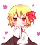  1girl blonde_hair blush chibi female hair_ribbon highres misa_(kaeruhitode) red_eyes ribbon rumia short_hair solo touhou 