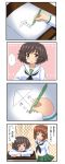  2girls 4koma ai_ai_gasa akiyama_yukari blush brown_hair comic embarrassed girls_und_panzer multiple_girls nishizumi_miho pen short_hair thump!! 