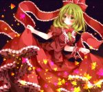  1girl bow breasts dress dress_lift female frills front_ponytail green_eyes green_hair hair_bow hair_ribbon kagiyama_hina leaf mogu_(au1127) ribbon solo star_(sky) touhou 